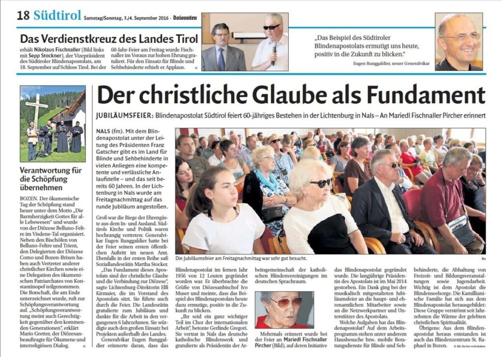 Zeitungsseite mit Artikeln über kirchliche Veranstaltungen und Ehrungen in Südtirol, mit Bildern von Menschen bei einer Feier.