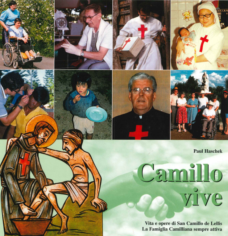 Collage mit Bildern von Menschen, die medizinische und soziale Fürsorge leisten, und einem religiösen Symbol im Vordergrund.