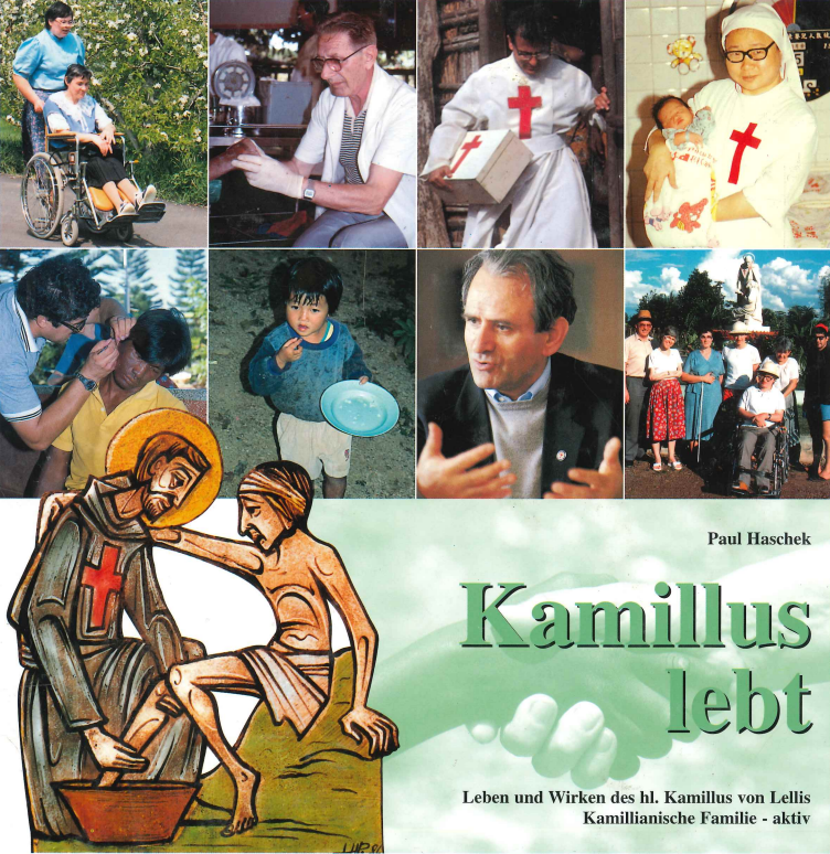 Collage von Bildern verschiedener Hilfs- und Pflegeaktivitäten, darunter Menschen in Rollstühlen und medizinisches Personal, mit dem Titel Kamillus lebt.