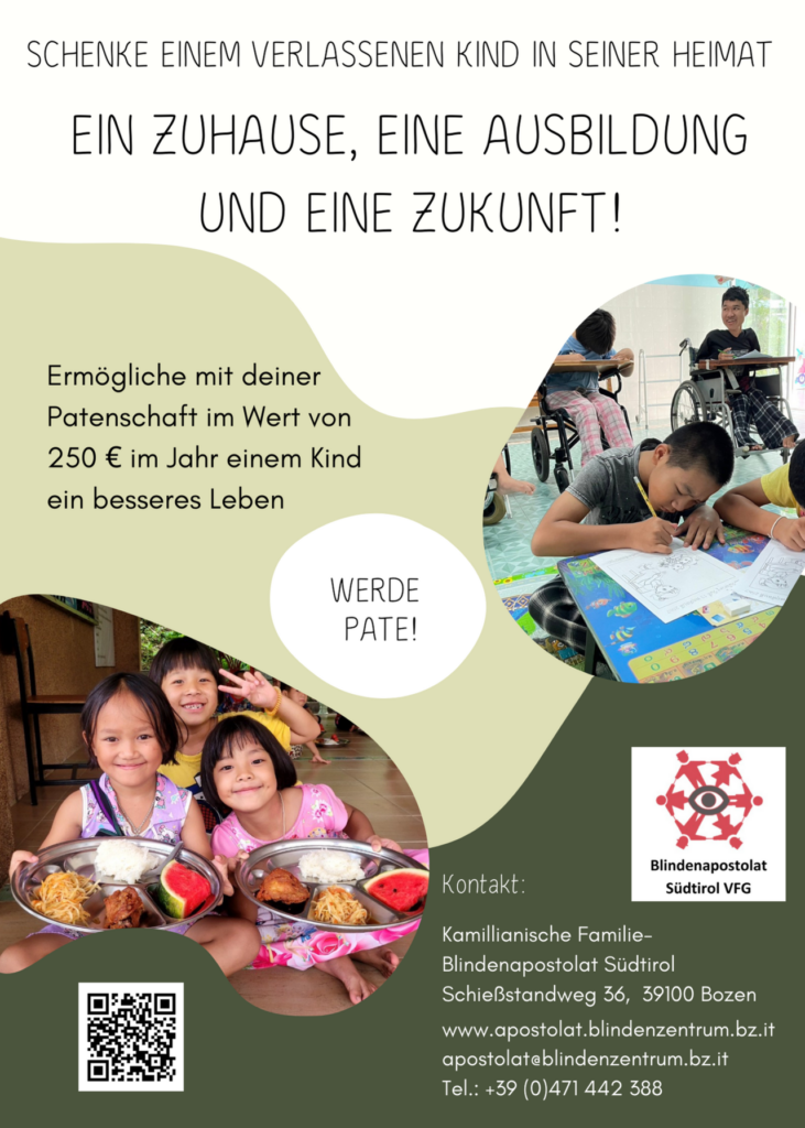 Plakat mit Informationen über eine Patenschaft, auf dem Kinder beim Lernen, Malen und mit Essen abgebildet sind, mit dem Titel Schenke einem verlassenen Kind in seiner Heimat ein Zuhause, eine Ausbildung und eine Zukunft.